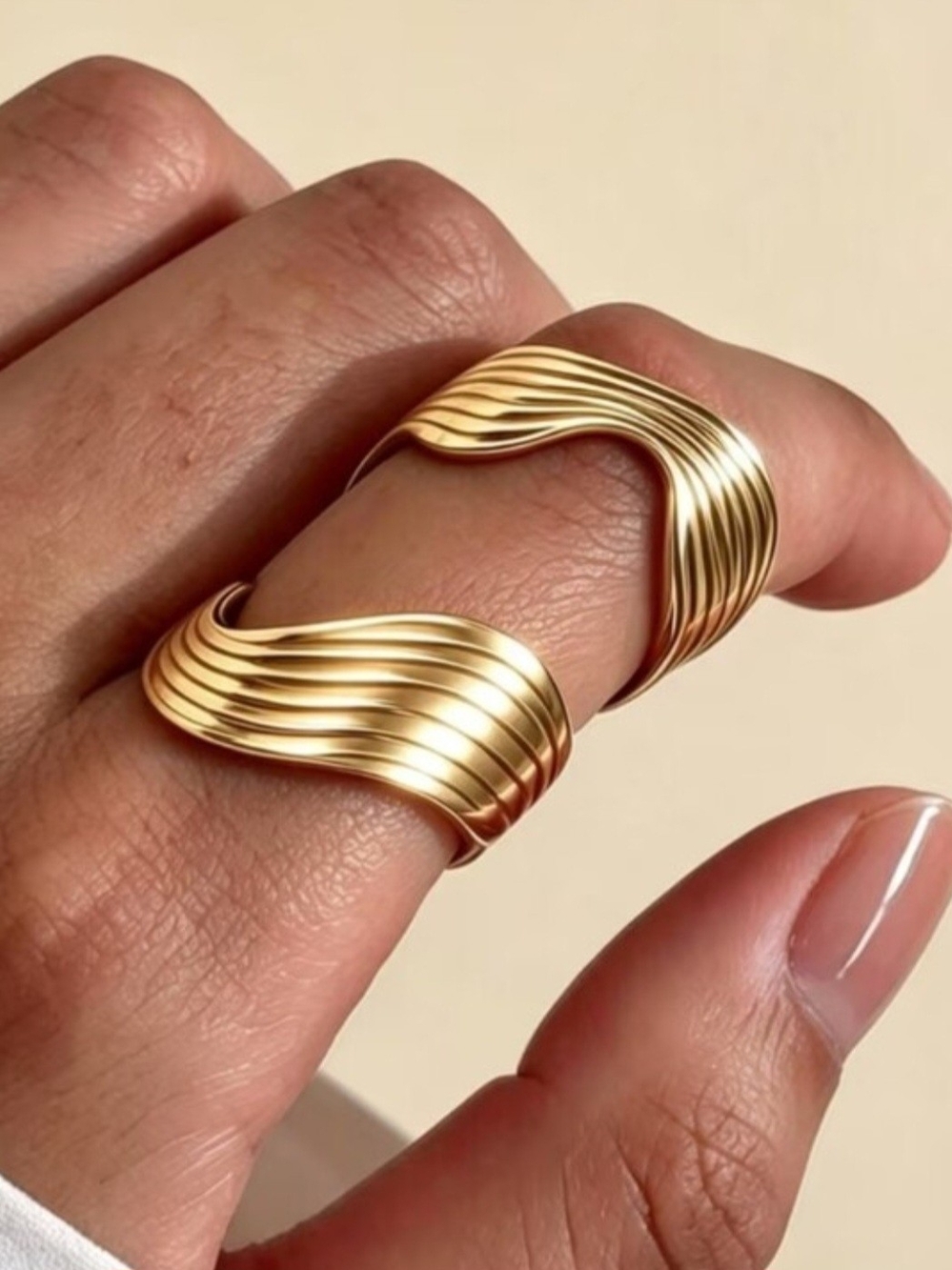 Gold Wave Sculptural Open Ring - Women Jewelry Stainless Steel
